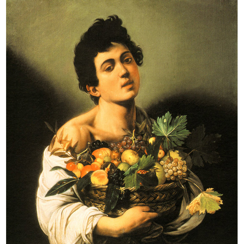 Garçon avec un panier de fruits, H 16 po x l 15 po