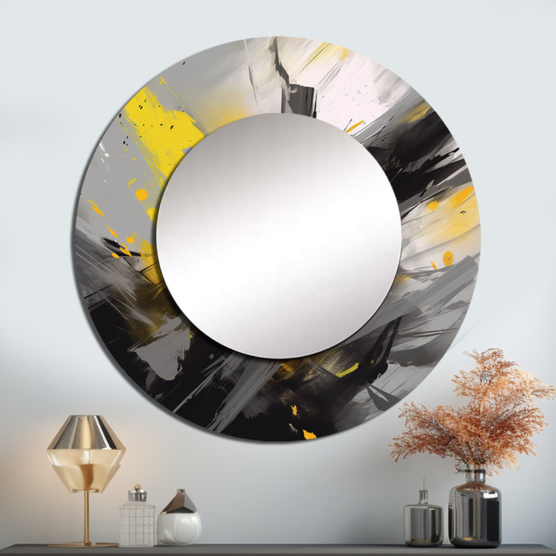 Oswina Yellow Grey Vibrant Swirls II - Geometric Decorative Wall Mirror, Yellow Large Round Mirror, Printed Metal Art
