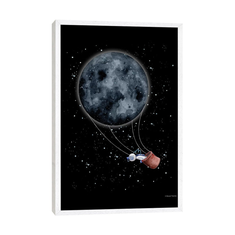 Moon Hot Air Balloon 1 Piece Painting on Canvas, 101.6cm H x 66.04cm W x 3.81cm D, White Framed