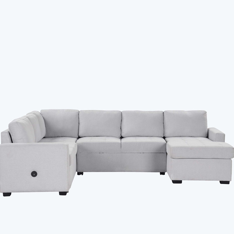 Sectional Sleeper Sofa Bed with Lounge Chair, USB and Type-C Interfaces, Grey Polyester
