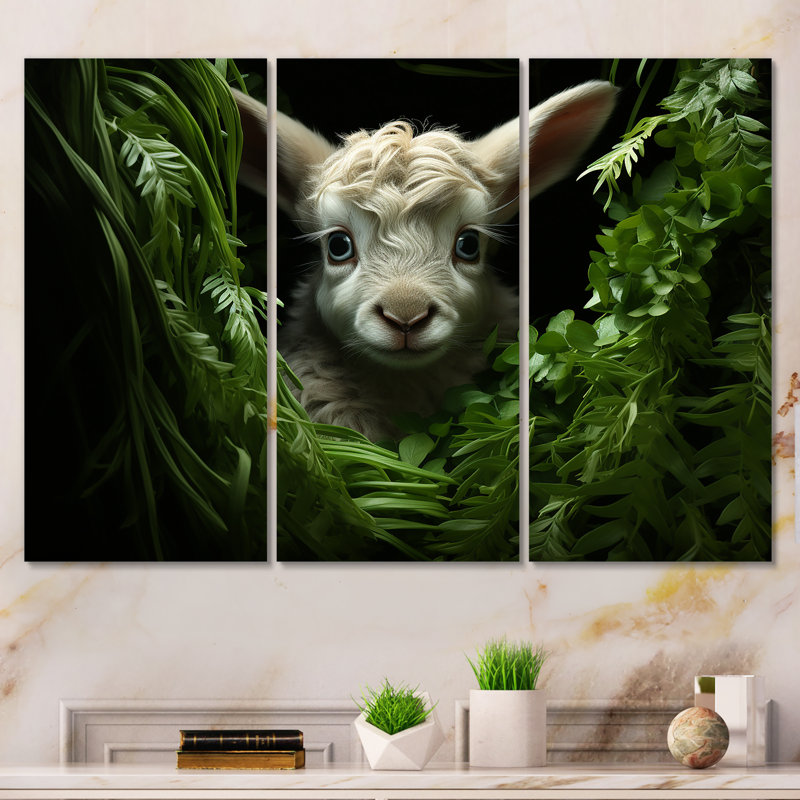 Chèvre blanche, prairie florale III - Chèvre, art mural, Toile tendue, H 28 po x l 36 po