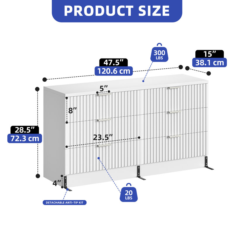 Commode cannelée à 6 tiroirs, commode en bois large avec rangement polyvalent, Blanc