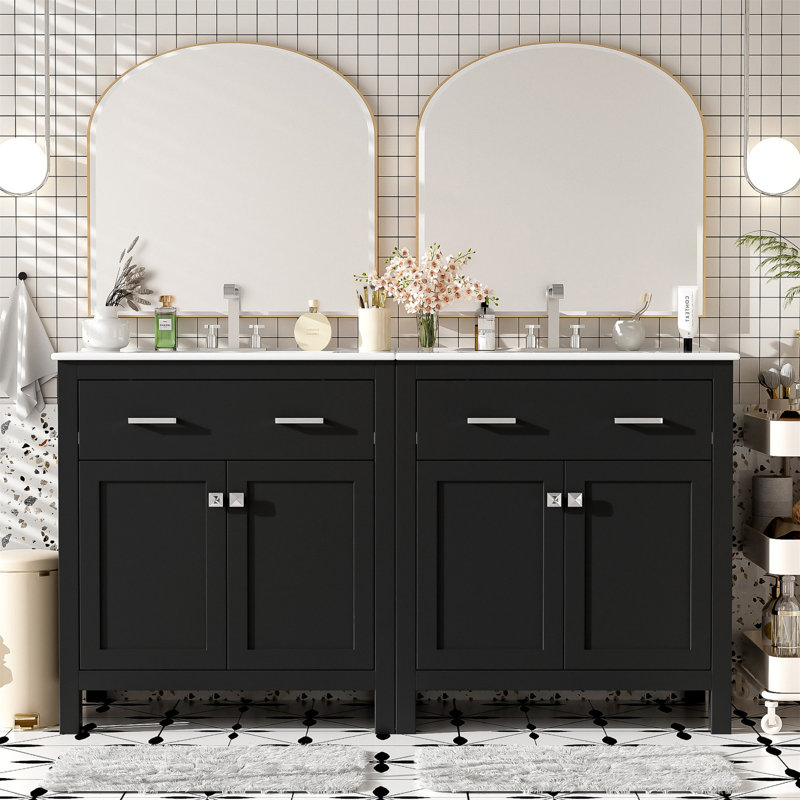 Ensemble de meuble-lavabo moderne 60 po avec double meuble-lavabo, double lavabo en céramique, tablette réglable, portes à fermeture en douceur et tiroir rabattable