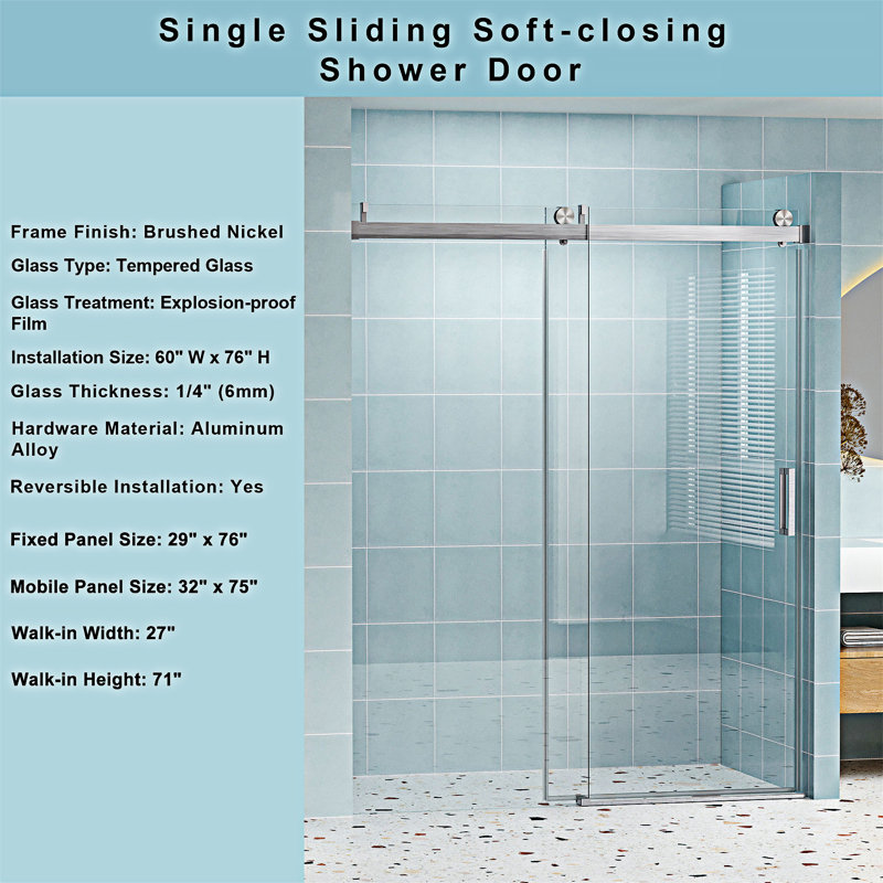 Frameless Soft-Closing Single Sliding Shower Door, Brushed Nickel