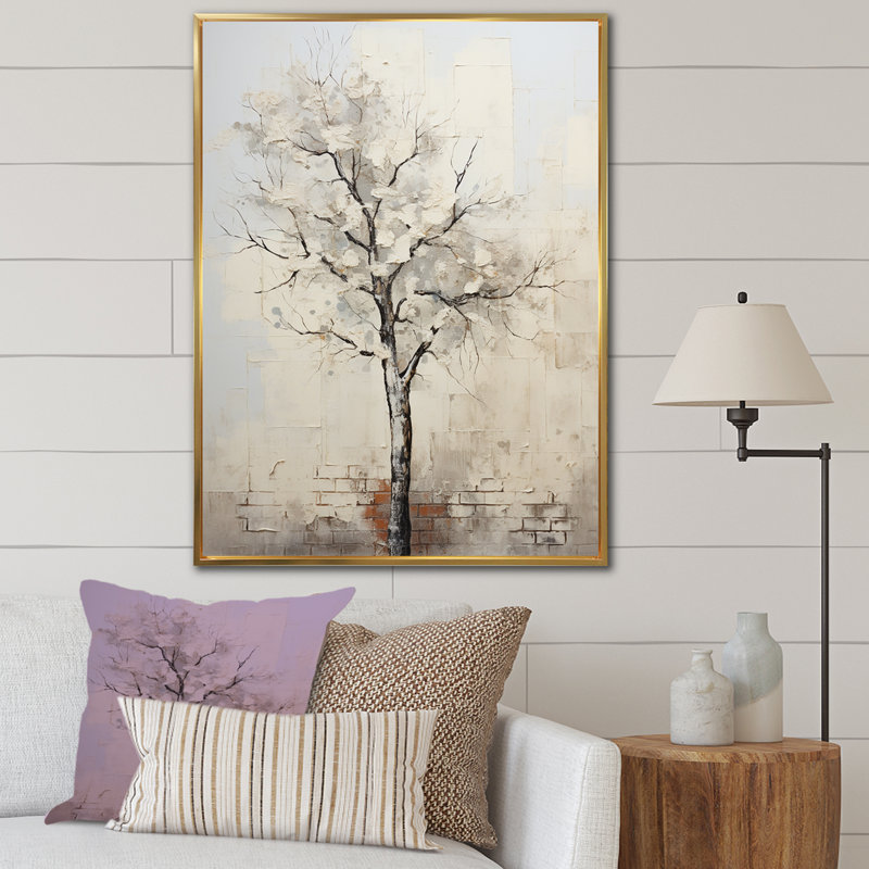 Baobab arbre beige minimalisme III - décoration murale arbre baobab, H 44 po x l 34 po, Cadre flottant doré
