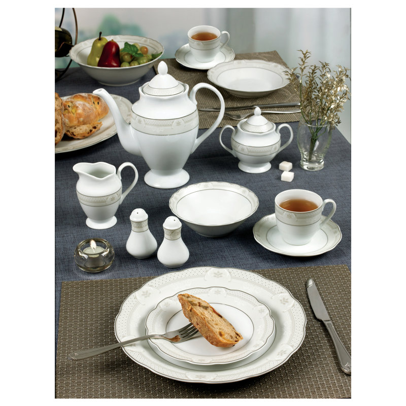 Elegant Silver Banded Porcelain Dinnerware Set for 8