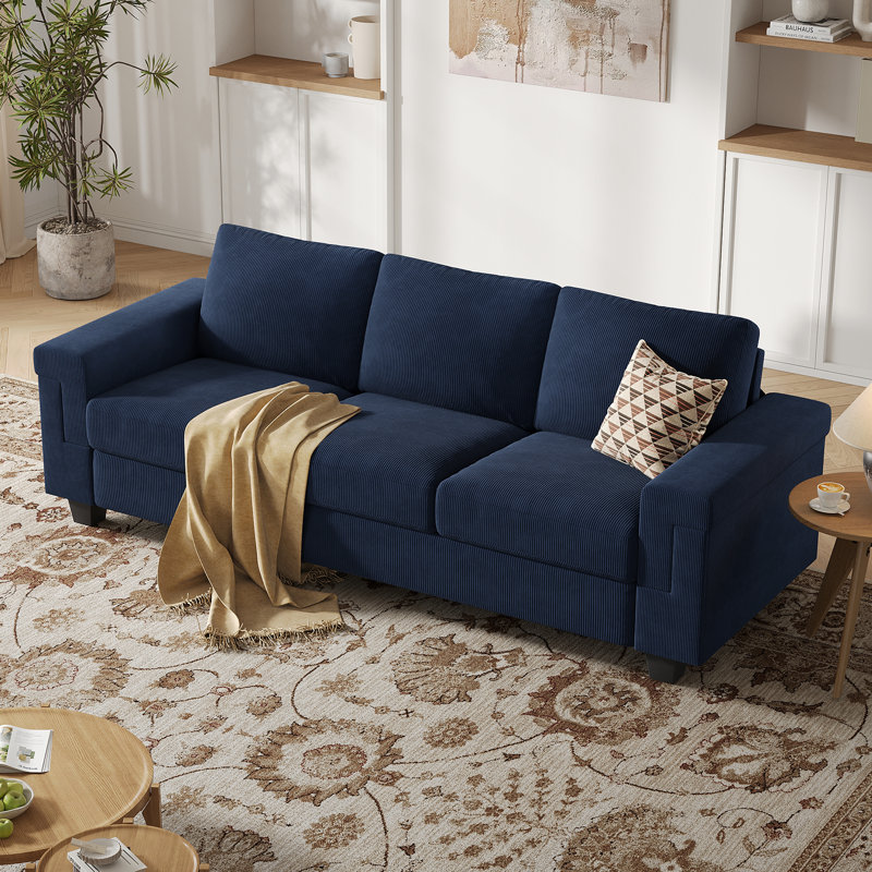 Canapé en polyester à accoudoirs carrés Dereon, H 32,7 po x l 90 po x P 35 po, Corduroy Blue