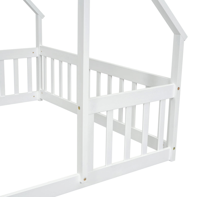 Wood House-Shaped Floor Bed with Fence, Guardrails, Full, White