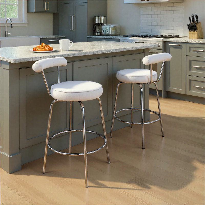  Kayson 25.5" Swivel Fabric Upholstered Counter Stools, Cream/Chrome