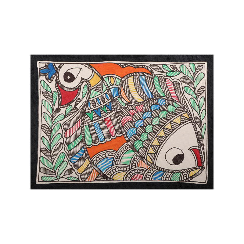 Paon et poisson, peinture sur papier fait à la main | Œuvre d'art par Ajay Kumar Jha