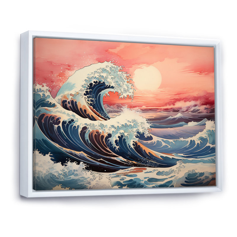 Impression sur toile, chef-d'œuvre rose «The Great Wave Of Kanagawa I», H 24 po x l 32 po x P 1 po, Cadre flottant blanc