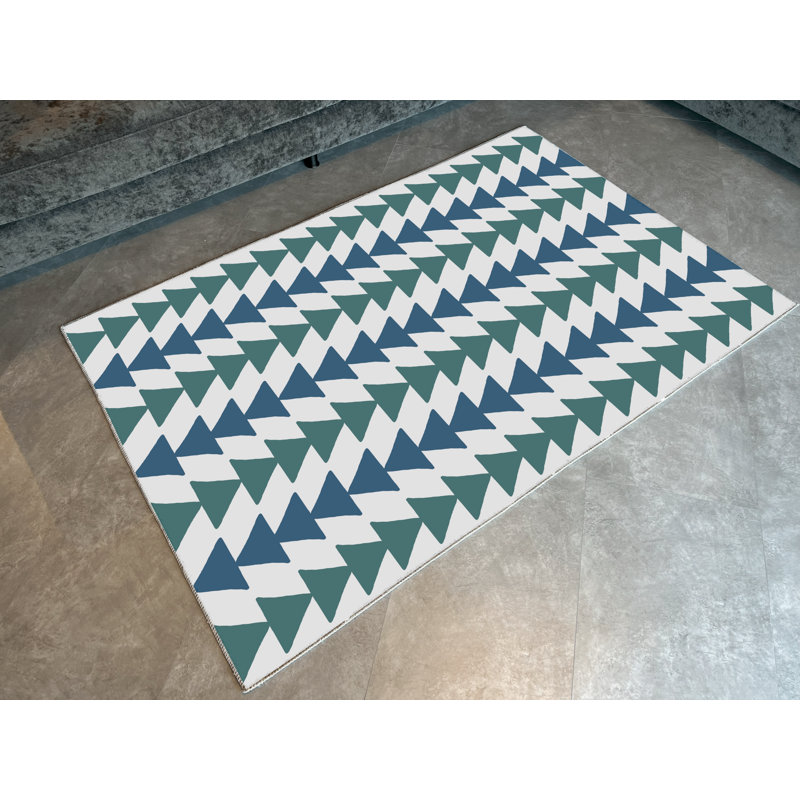 Tapis décoratif à motif géométrique vert et bleu, Tapis de couloir 3 pi 3,37 po x 6 pi 6,74 po
