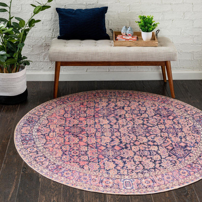Tapis oriental bleu marine / rouge, Rond 5 pi