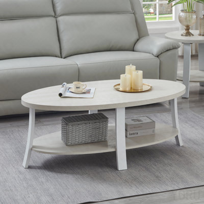 Oval Wood Grain Coffee Table with Lower Storage Shelf