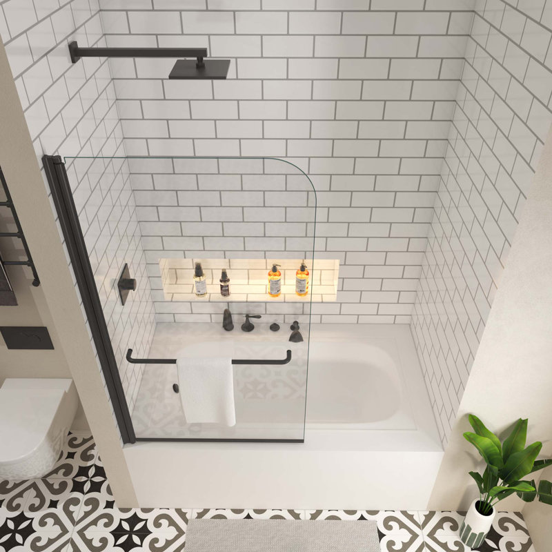 Bath Tub Pivot Shower Screen,With 1/4" Tempered Glass And Towel Bar, Black