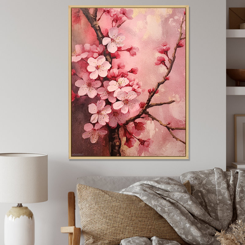 «Cherry Blossoms», collage rose foncé sur toile, Cadre naturel flottant, H 44 po x l 34 po