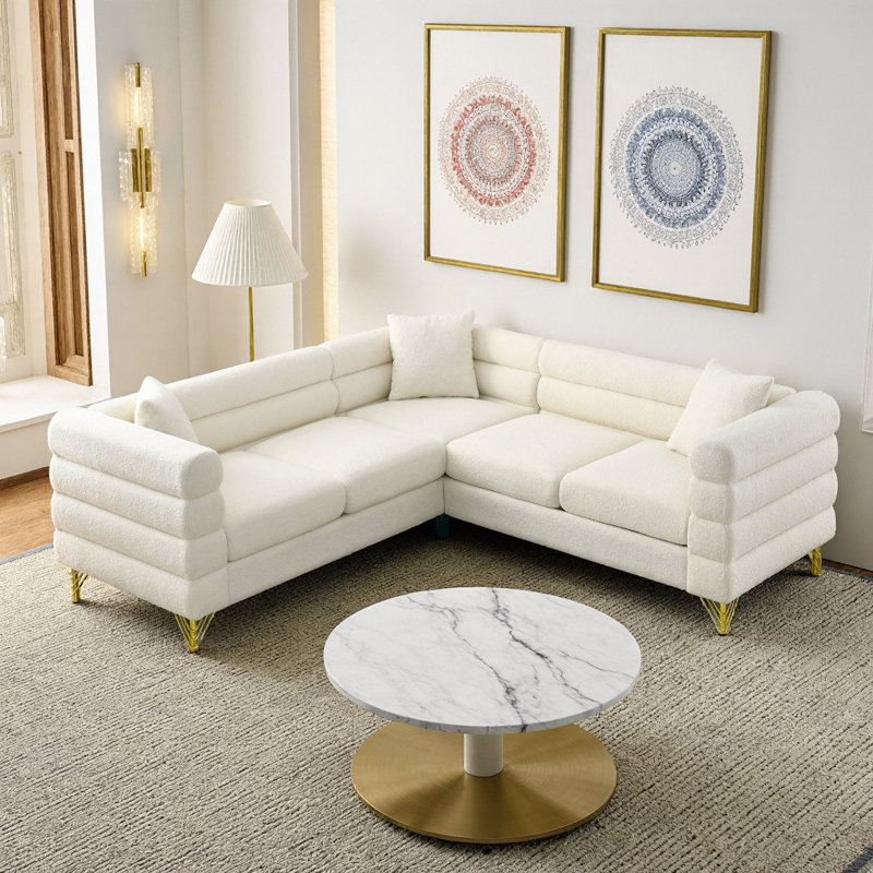 Élégant canapé d'angle modulaire en L en velours blanc à 5 places avec coussins pour les espaces de vie modernes, Blanc