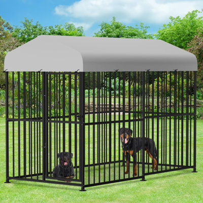 Outdoor Dog Kennel For Large Dogs - 4x4x5 FT Heavy Duty Playpen With Roof Cover, Rotating Bowls, Secure Lock
