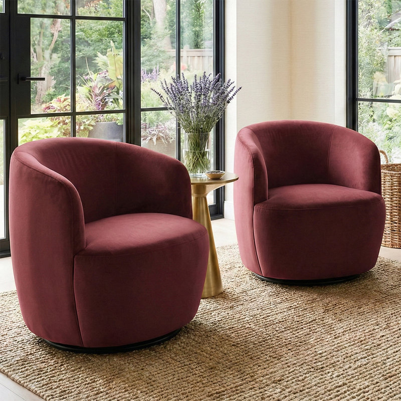 Pelemon 27" Wide Upholstered Velvet Small Swivel Accent Chair, Burgundy Velvet