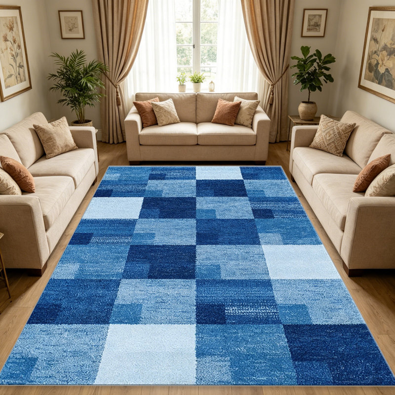 Blue and Light Blue Checkered Geometric carpet-easy to clean, machine-washable, soft and comfortable; suitable for door mats, kitchens, living rooms, bedrooms, corridors, and laundry areas. Easy to clean, durable carpet for home decoration.