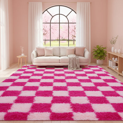 Plush Checkered Shag Area Rug - Soft Fluffy Hot Pink Grid Fleece Carpet for Living Room, Bedroom, Dry-Clean Only, High-Pile Shaggy Rug with Modern Checkerboard Pattern, Cozy Non-Slip Floor Decor for Contemporary Home Spaces