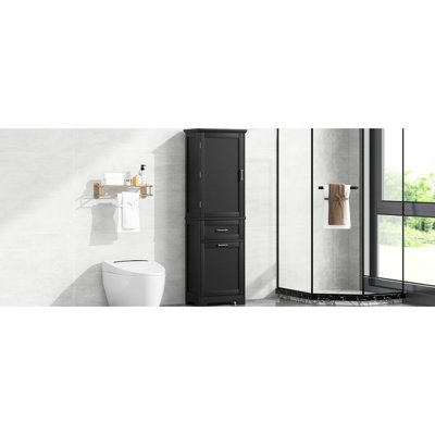 Tall Black Freestanding Bathroom Storage With Adjustable Shelf, Two Drawers, - Toppling Feature And Water Proof Painted Cabinet Of , Different Size Shelf Device