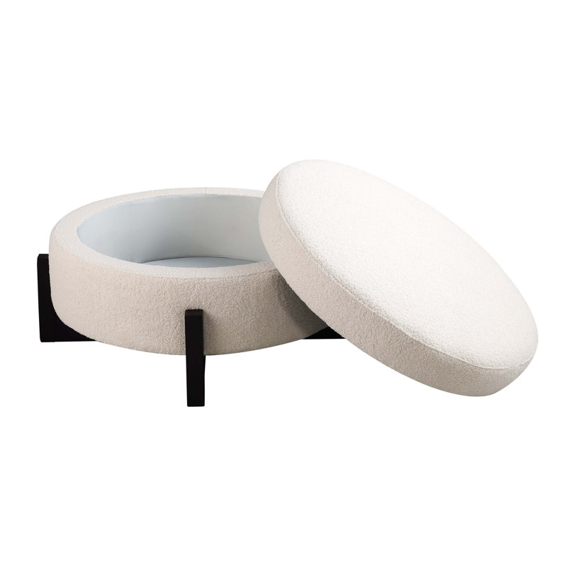 Repose-pieds rond élégant avec rangement à l'intérieur, pieds pliables en chêne, beige