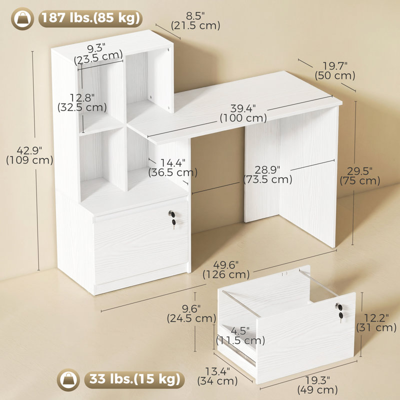 Computer Desk with Lockable File Drawers, White Wood Grain