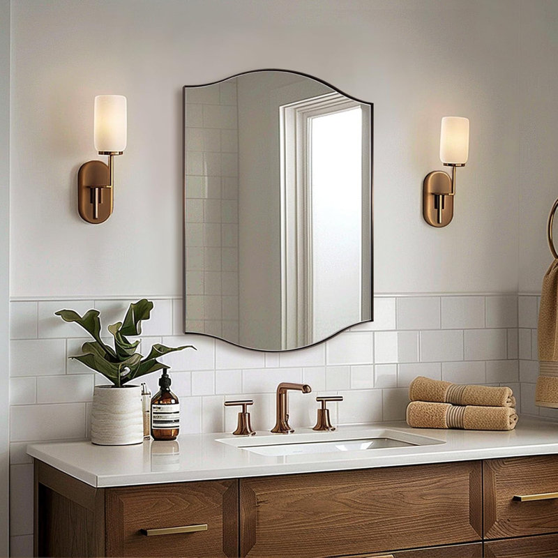 Dual Arch Scalloped Rectangular Bathroom Wall Mirror | Stainless Steel Frame, Brushed Bronze, 30" x 22"