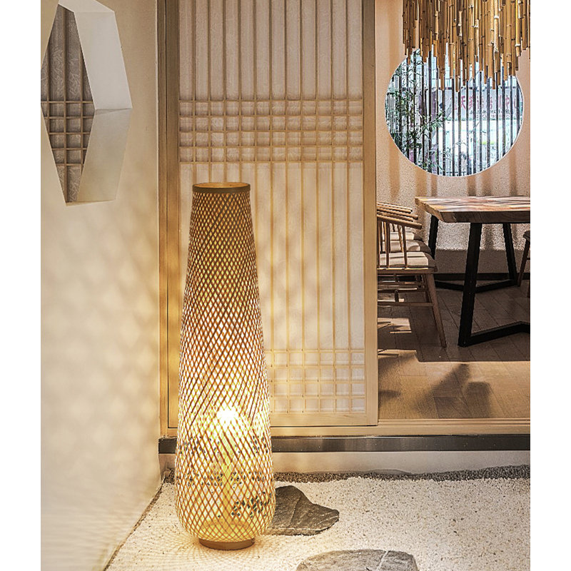 Japanese-style bamboo-woven solid wood floor lamp