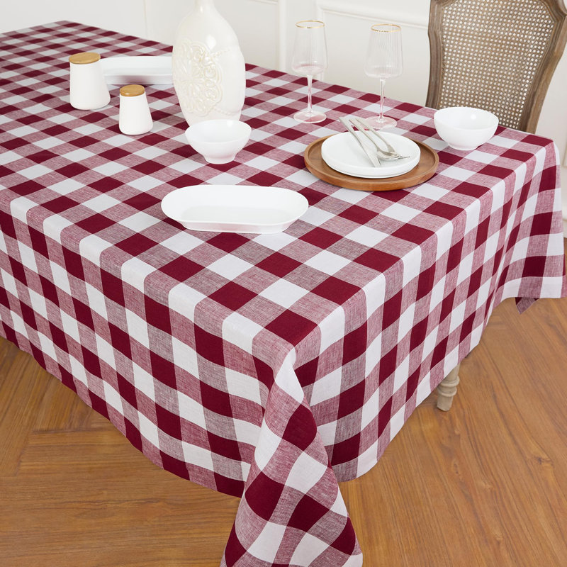Buffalo Check - 100% Pure Linen Tablecloth, 90" L x 60" W, Checkered, Burgundy/White