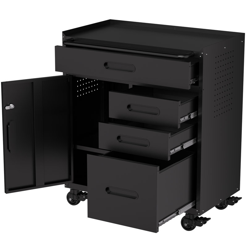 Metal Tool Cabinet,heavy‑duty Garage Storage Organizer With Lockable Doors, Perforated Pegboard Side Panels Mobile Workbench For Garage Workshop Home Use