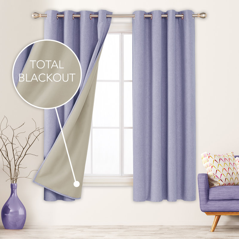 Lythrodontas Faux Linen Total Blackout Curtain Panels, 52" W x 72" H, Light Purple