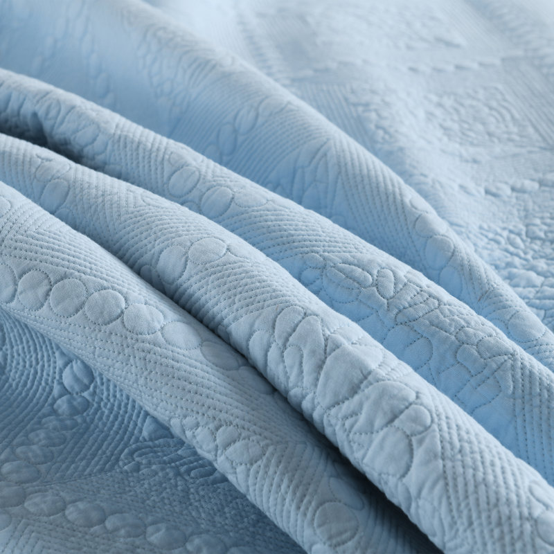 Ensemble 100% coton Tkemb broderie, Courtepointe grand + 2 couvre-oreillers standard, Bleu clair