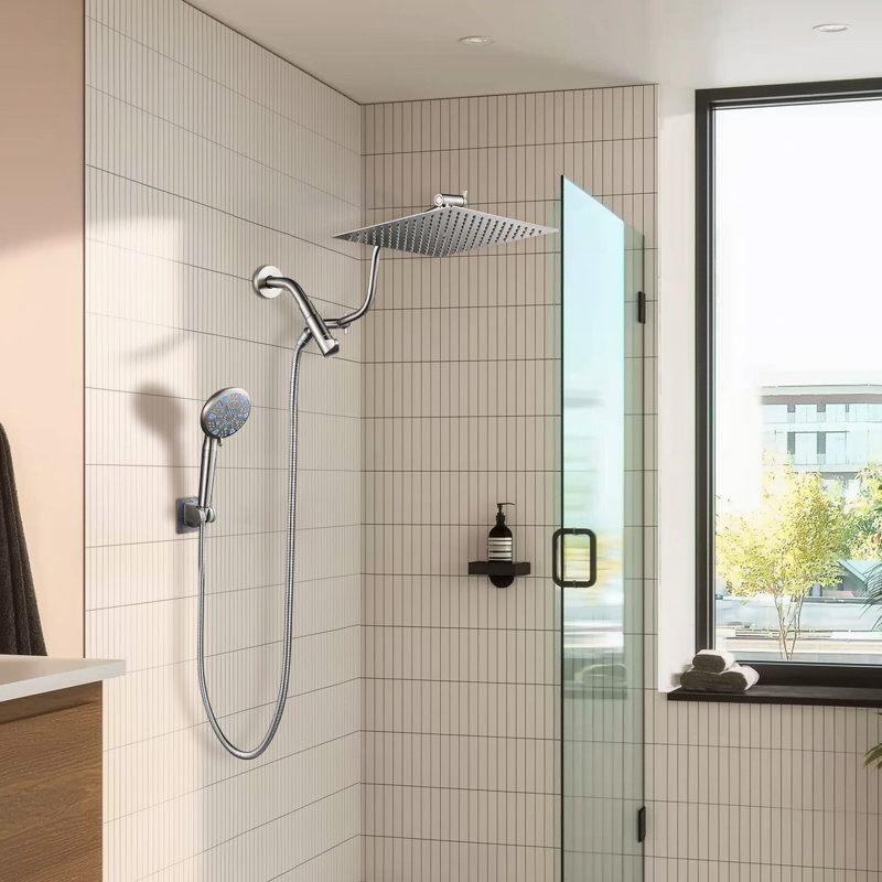 Pommes de douche 10 pouces avec douchette 10 réglages et bras courbé réglable et nickel brossé, Nickel brossé