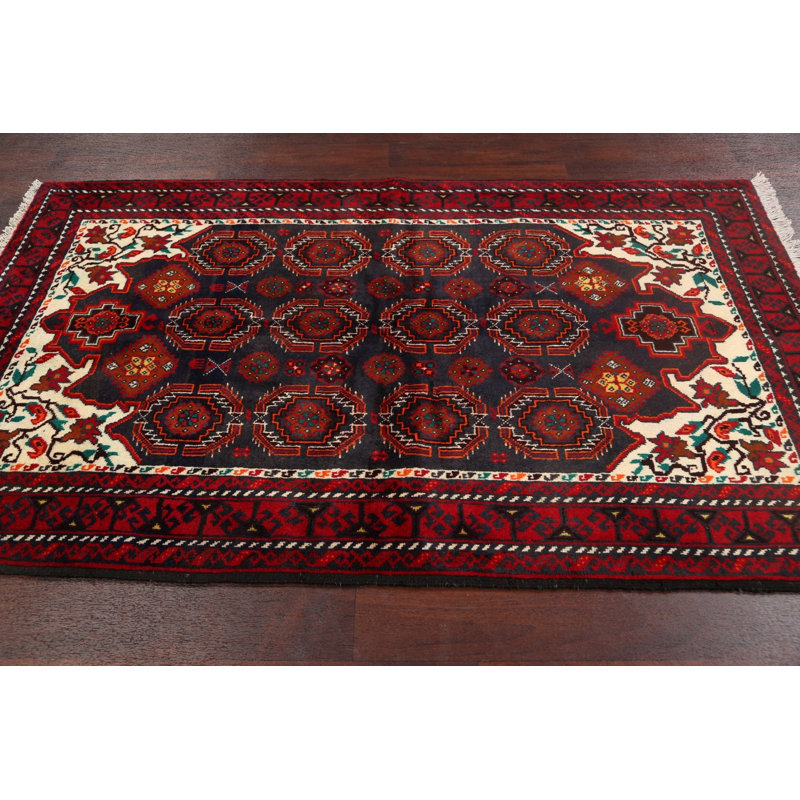 Tapis rouge en laine noué à la main de conception unique 3 pi 10 po x 6 pi 6 po Tomi