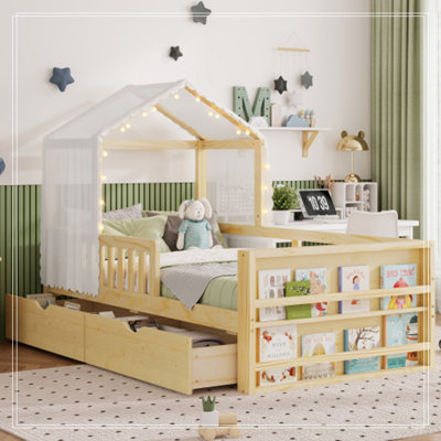 Structure simple pour maison jumelée avec tente détachable, lumière, 2 tiroirs de rangement et bibliothèque