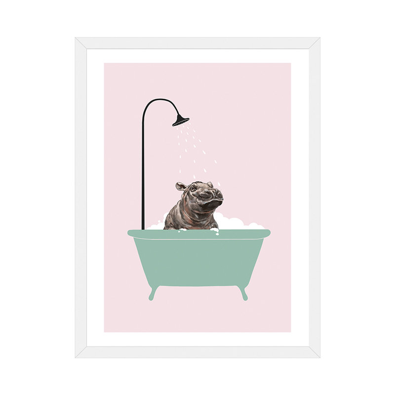 Hippopotame dans une baignoire, art encadré, H 32 po x l 24 po x P 1 po, Papier avec cadre blanc