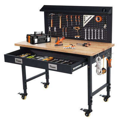 Établi réglable avec rangement pour tiroir, table de travail en bois d'hévéa pour le garage