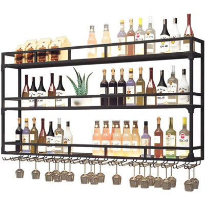 Large Heavy Duty 59In Wine Rack With LED Wall Mounted Bottle Glass Holder Under Shelf, 3-Tiers Liquor Floating Shelves Display Storage Organizer Hanging Long Stemware Goblet Metal For Home Bar