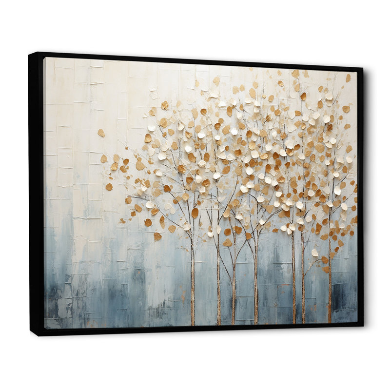 Harmonie d'arbres dorés et bleus V - Arbres, reproductions encadrées, H 30 po x l 40 po x P 1,5 po, Cadre flottant noir