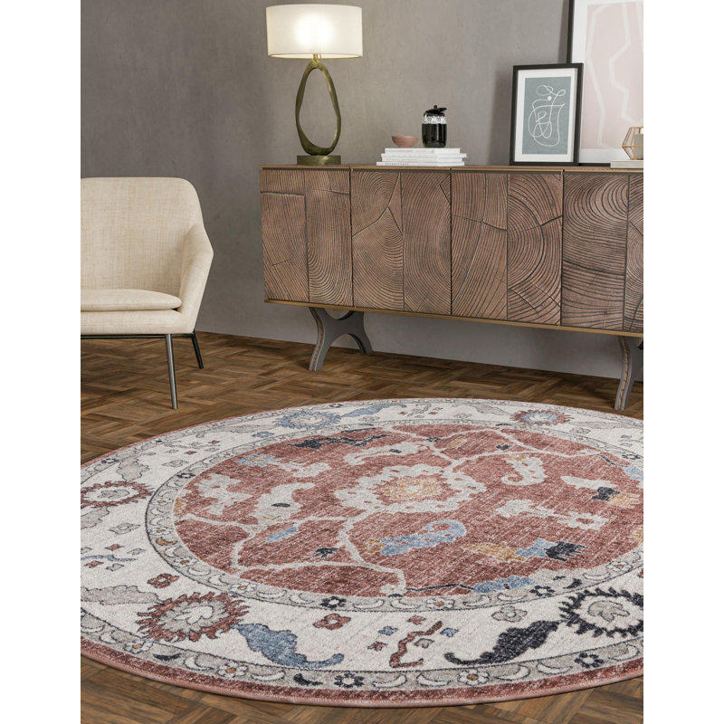 Tapis traditionnel gris foncé beige, Rond 7 pi