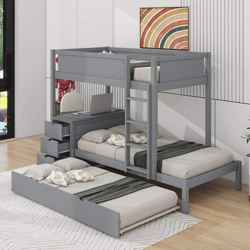Lit superposé avec lit gigogne, rangement et bureau, Simple sur simple, Gris