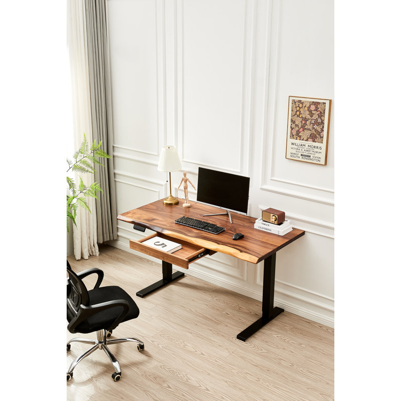 Adjustable Standing Desk with South American Walnut, Live Edge Desk with Drawer Storage, Black, 29.5" H x 58" W x 28" D