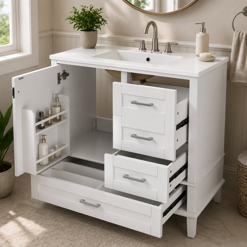 Ensemble de meuble-lavabo moderne 36 po avec ensemble de meuble-lavabo 36 po, 1 armoire de rangement avec 1 porte à fermeture douce et 3 tiroirs à fermeture douce