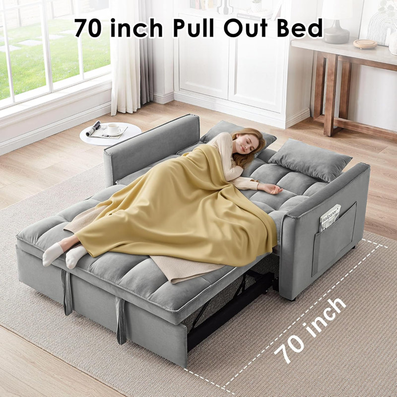 3 in 1 Convertible Sleeper Sofa Bed, 55" Pull Out Couches, Modern Loveseat Sleeper Sofa with Adjustable Reclining Backrest & Side Pockets for Living Room, Velvet Fabric, Gray