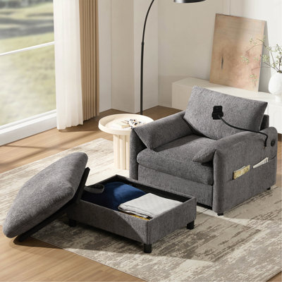 38" Single Sofa with Storage Ottoman, Adjustable Phone Holder, USB Charger, Side Storage Pockets, Pillow-Like Armrests