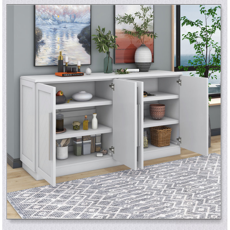 Buffet polyvalent à 4 portes avec tablettes réglables et rangement spacieux, parfait pour les cuisines et les salons modernes