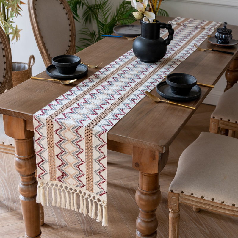 Chemin de table rustique avec pompons, mélange de lin de coton, lavable, parfait pour les mariages, les anniversaires et les décorations de maison