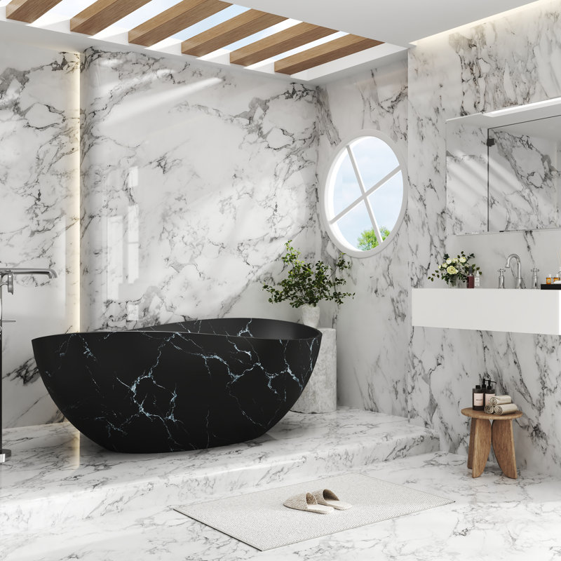 CASAINC 63" Solid Surface Freestanding Soaking Bathtub With Marble Look, Matte Black